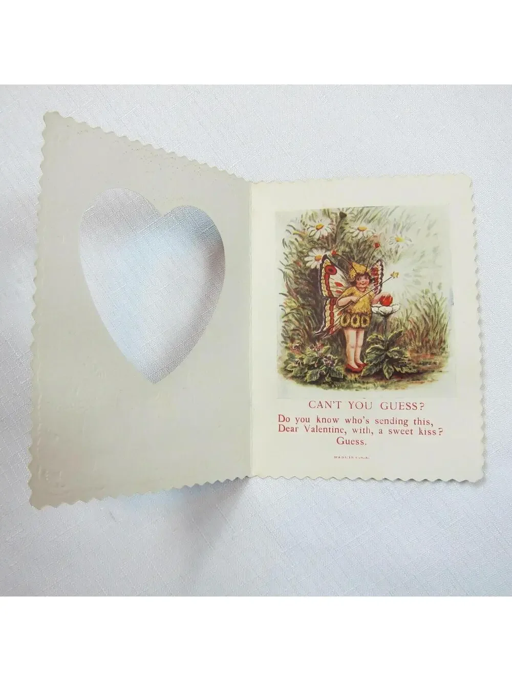 Vintage Valentine Card 1929 Die cut Fold Girl Fairy Wings Wand Daisy Flowers USA